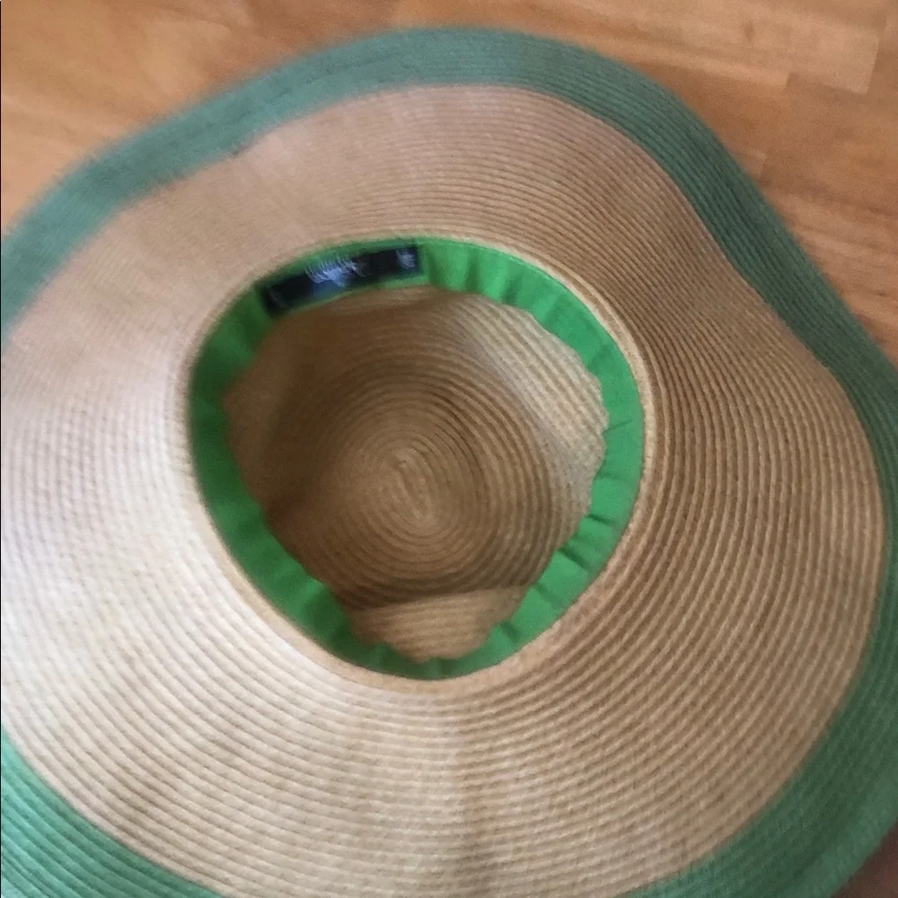 Woman’s tan spring summer Papillon floppy Blanc Straw Hat with Bright Green Trim